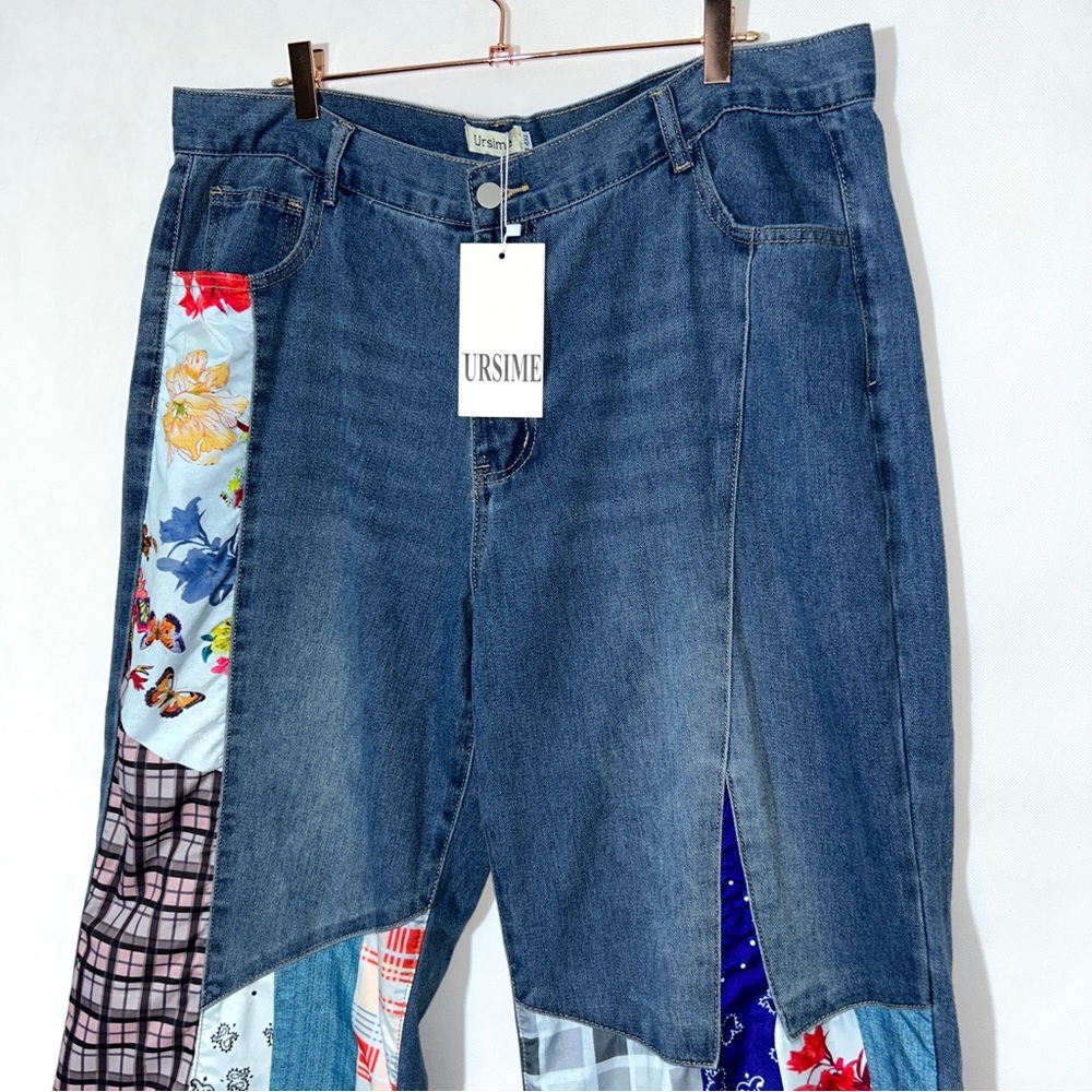 NWT URSIME Boho Patchwork Denim High Rise Retro Flare Jeans size 4XL - Picture 3 of 16